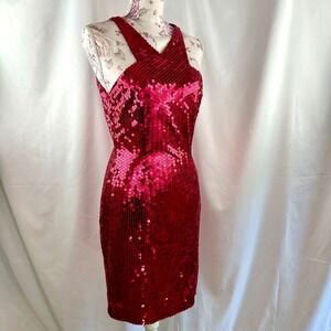 Red‎ Sequin Bodycon Mini Dress Holiday Party NYE Cocktail 80s 90s Vintage Size 8
